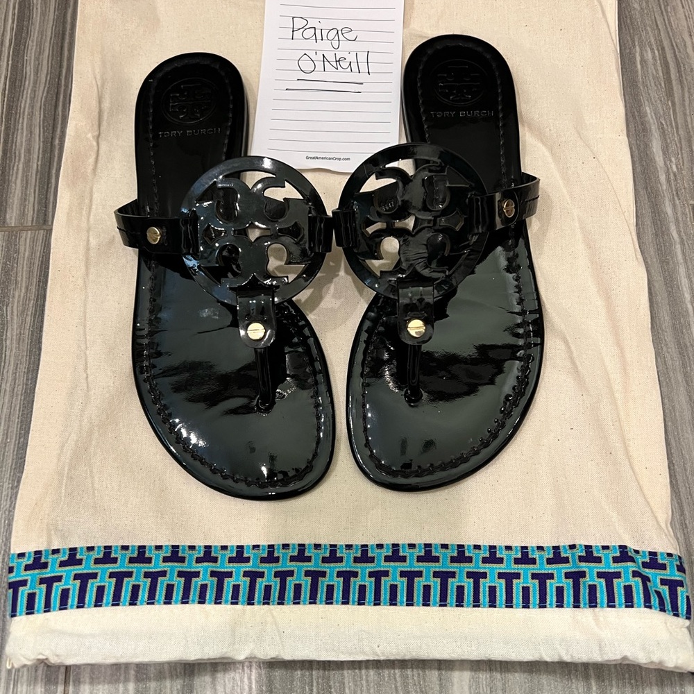 Tory Burch Miller sandals in black patent leather size 7.5